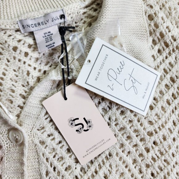 Sincerely Jules Size M 2 Pc Open Knit Crochet Set Beach Cover Flare Pant New - Picture 2 of 9